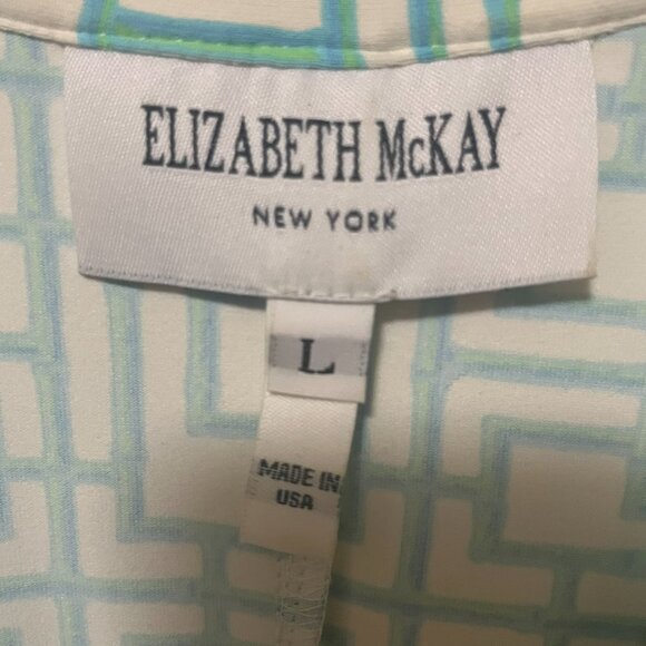Elizabeth McKay ShiftDress Size L Off-White Blue Green Print Short Sleeve - Picture 2 of 5